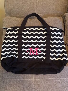Monogram Chevron Canvas Weekender Bag in Black and White with Pink Accent